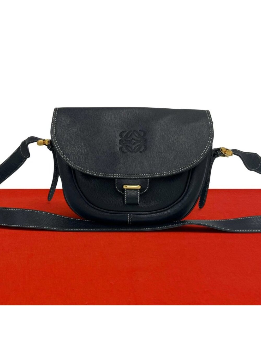 Loewe Vintage Anagram Logo Leather Shoulder Bag Pochette Dark Navy